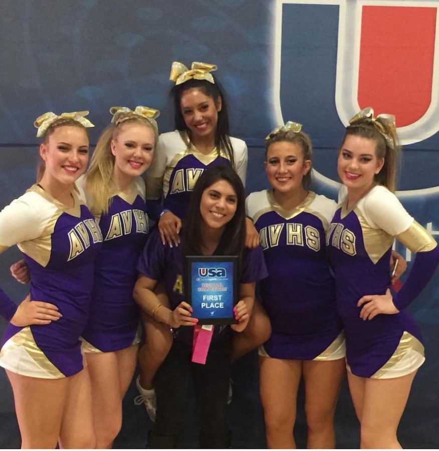 Kaitlyn McGaritty ('18), Ashley Boxberger ('18), Melia Storey ('19), Coach Danielle, Emily Mercer ('18), Mary Hinek ('18) placed first place in their first group stunt competition