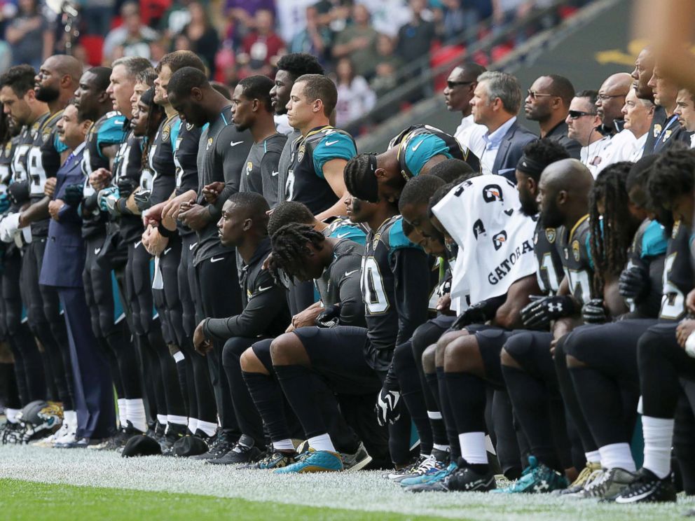 Jaguars players kneel during the national anthem before a game against the Ravens on Sunday September 24th, 2017 at Wembley Stadium in London