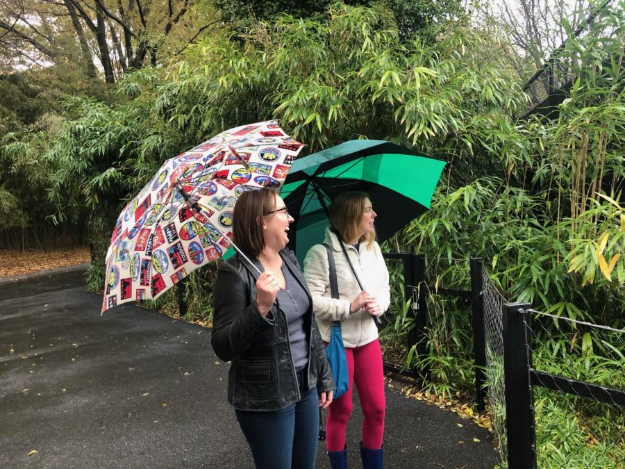 Two women chuckle as they enjoy the view of the panda habitat at the Smithsonian National Zoo in Washington D.C.