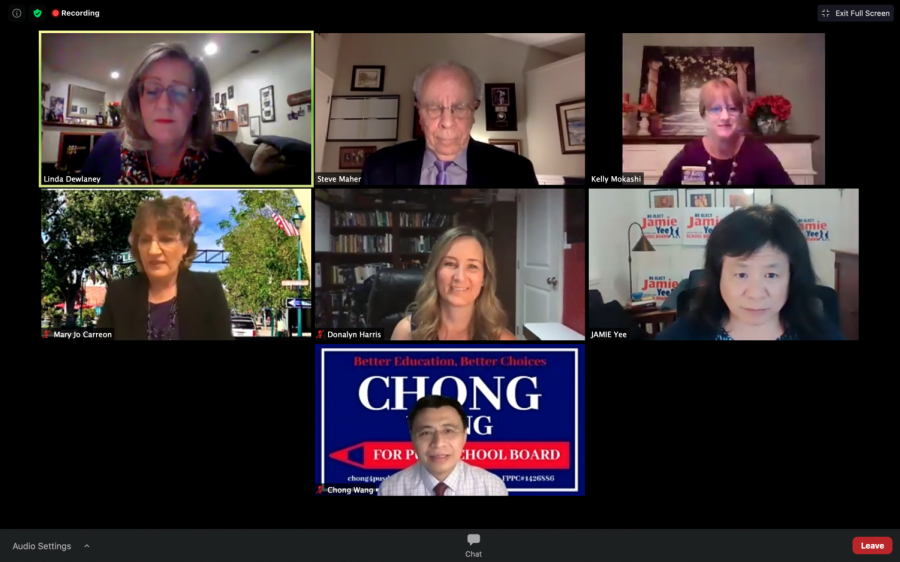 Moderator+Linda+Dewlaney%2C+President+of+the+PTA+council+Donalyn+Harris%2C+and+the+five+PUSD+school+board+candidates+gather+in+a+Zoom+meeting+to+discuss+their+ideas+and+views+on+particular+issues.+