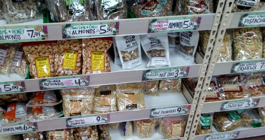 Shelves are stocked with food at a local grocery store.