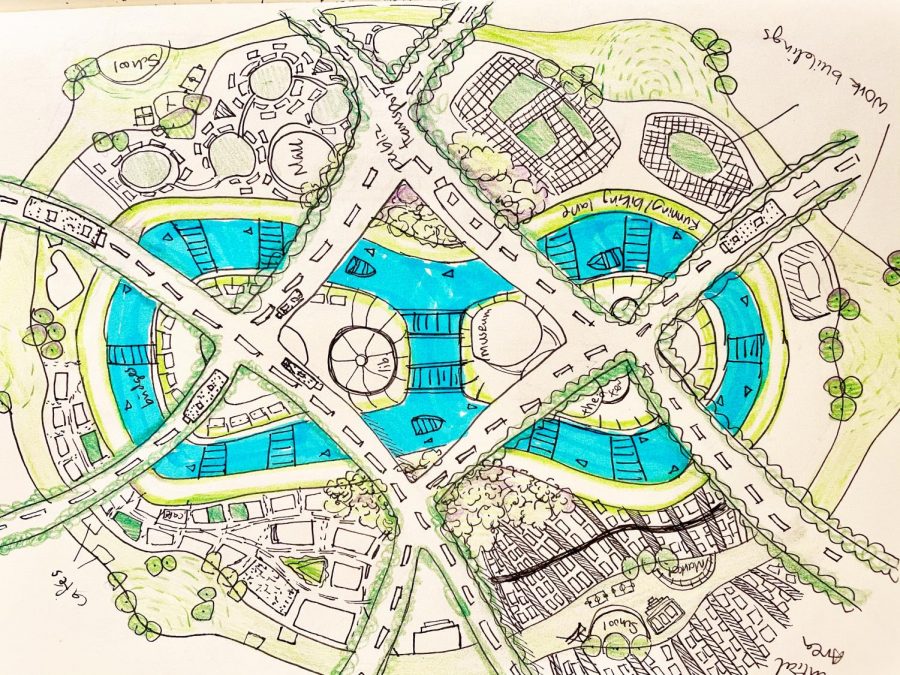 During quarantine, artist Amy Wang (‘21), focused on architechtural drawings. She drew a layout of a sustainable city, as well as painting various buildings. 
