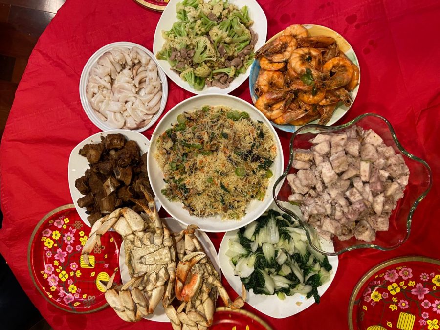 Grace Chens family also boasted an appetizing feast for their Lunar New Year dinner, topped off with a red tablecloth that symbolizes good luck and fortune.