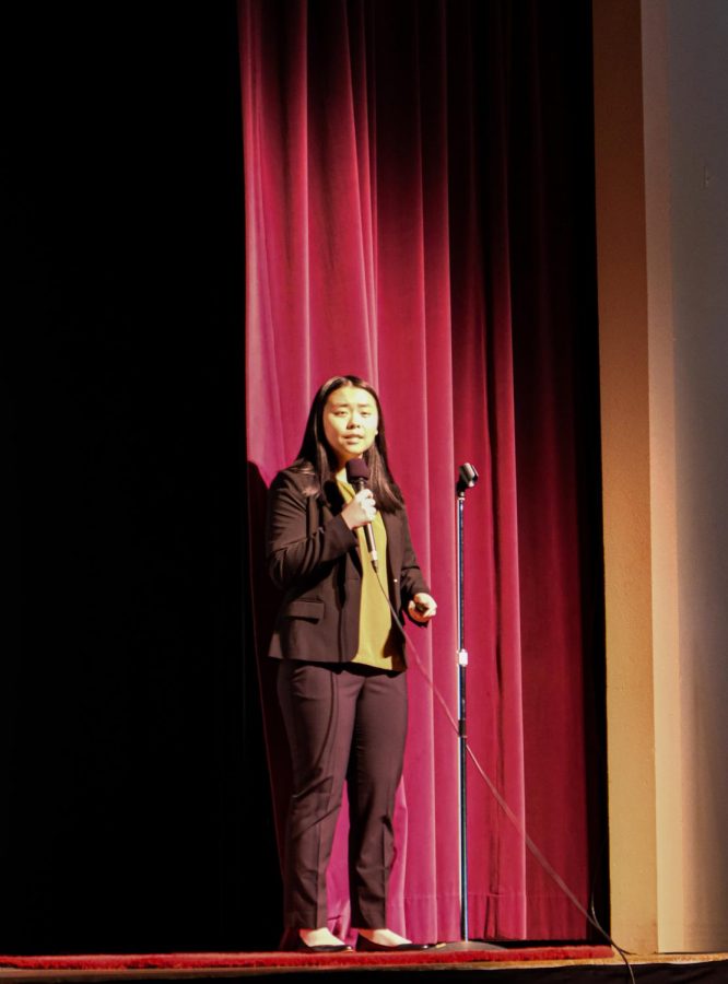 Rachel Zhang ('21) touched on her experiences working in the Wheelchair Foundation, and how her trip to South America opened here eyes to the struggles that many people face on a daily basis. Her speech was about the right to mobility for all humans. 