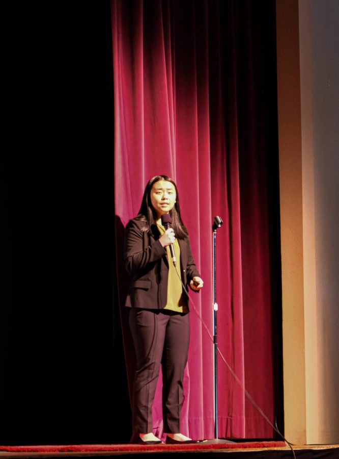 Rachel Zhang (21) touched on her experiences working in the Wheelchair Foundation, and how her trip to South America opened here eyes to the struggles that many people face on a daily basis. Her speech was about the right to mobility for all humans. 