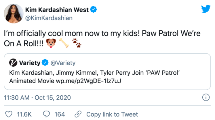 Kim Kardashian's first tweet regarding her new project of being in the "Paw Patrol" film. 