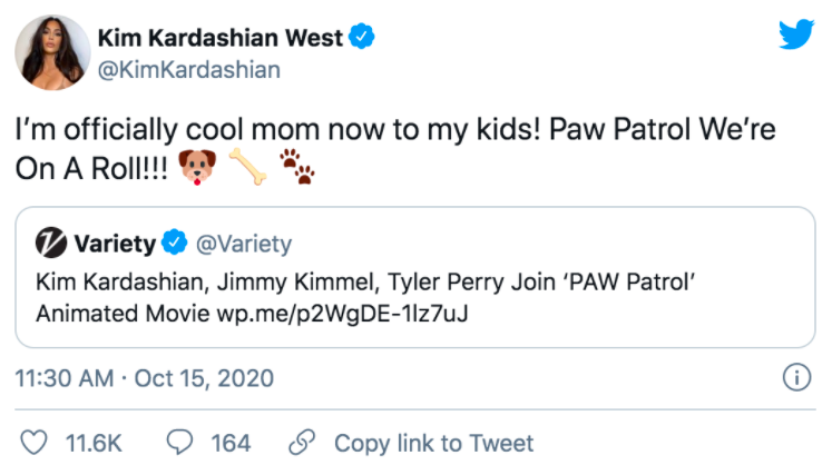 Kim Kardashians first tweet regarding her new project of being in the Paw Patrol film. 