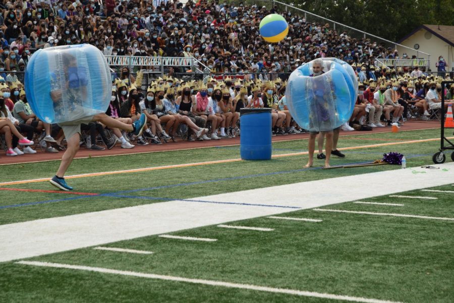 Nine teachers participated in bubble soccer which, unfortunately, ended with no winners. Mr. Murphy went all-in in the game, kicking the ball high in the air. 