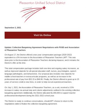 The September 2 email reached Pleasanton students and staff, discussing the current status of teacher contract negotiations with the district.