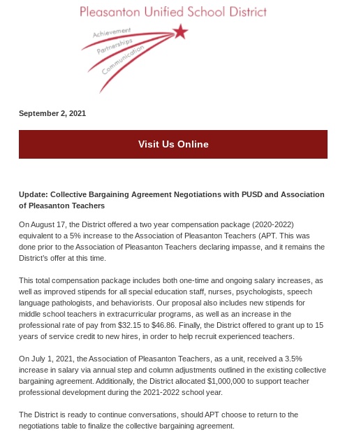 The September 2 email reached Pleasanton students and staff, discussing the current status of teacher contract negotiations with the district.