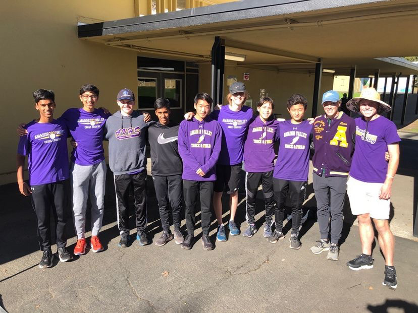 Boys Varsity runners Shayan Mukerjee (22), Aditya Chudasama (23), Robert Sitter (22), Arnav Mukerjee (22), Eaton Huang (23), Mason Romant (22), Ryken Mak (23), Steven Li (23), lined up after the race, with Amador Cross Country alums Aiden McCarthy (20) and Euan Houston (21) who came out to support.