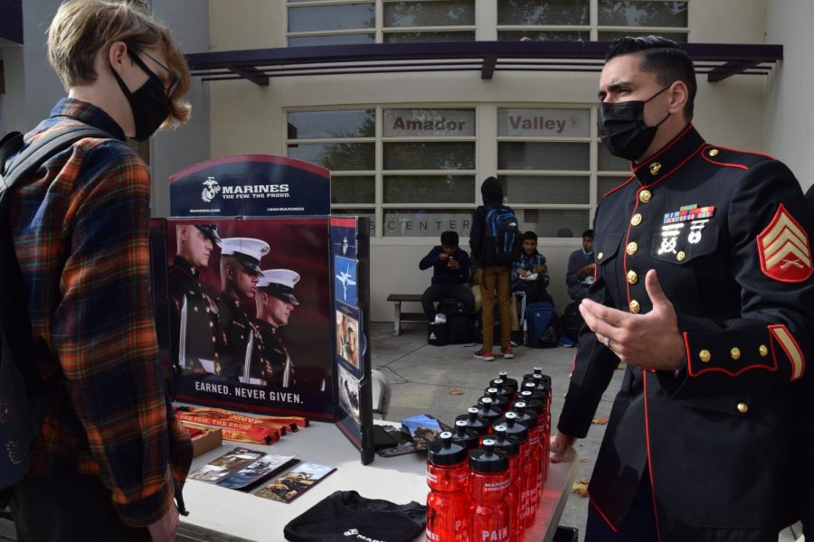 A representative for a military branch explains the opportunities of his field to a student.