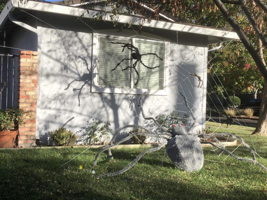 Giant spiders lurk around the front lawn, waiting for nighttime so they can spook trick-or-treaters.