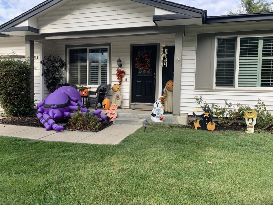 A large purple spider squats outside a house to shock passerbys.