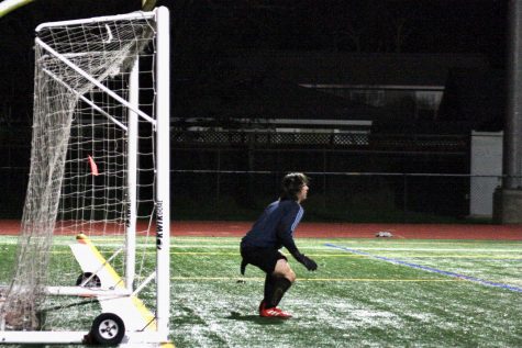 Amador’s varsity goalkeeper Julian Smith (‘22) defends the goal during warm-up kicks before a match with Dublin High.