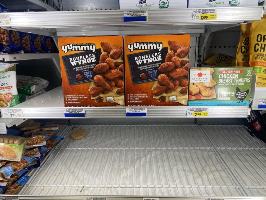 Freezer items, like chicken wings, are becoming harder to stay on the shelves, as families like to stock up on freezer goods  during supply shortages. When individuals stock up on a product because they hear there might be a shortage, it causes an even larger shortage of the product, and as a result make store displays look vacant and empty.