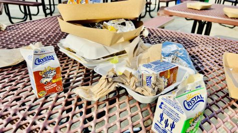 After lunch, milk cartoons, tissues, cardboard boxes, and plastics are among some of the pieces of trash evident in the lunch area.