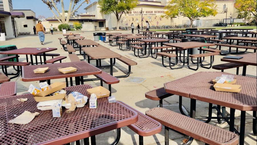 Lunch tables in the quad are often layered with an excessive amount of trash that takes away from the beauty of the campus.