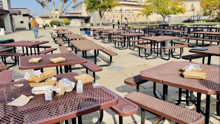 Lunch tables in the quad are often layered with an excessive amount of trash that takes away from the beauty of the campus.