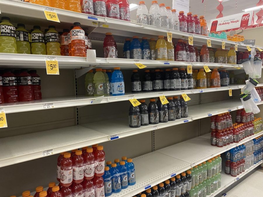There are noticeable bare sports on the gatorade shelves at Safeway, many different coveted flavors having sold out. However these shelves are more full than over a year ago when the pandemic first struck, when whole walls were seen with no products to display.