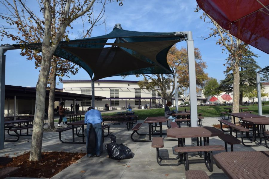 The+sturdy+shade+structures+cover+about+six+tables+each%2C+covering+the+sun+from+shining+in+the+students+eyes.