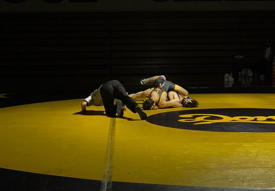 The referee gets on all fours on the mat to keep the players playing fair.