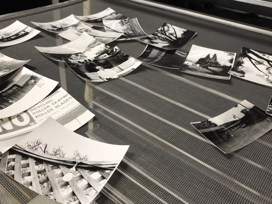 Perfected photos sit on a drying rack after going through the developing process in the darkroom.