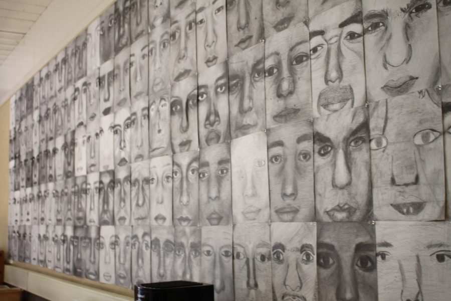 For the art 1-semester final, students created portraits of different faces using shading and profiling to later be displayed in the classroom 