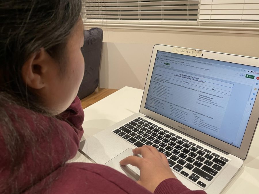 Andrea Yang (‘23) scrolls through the course selection spreadsheet which lists all the classes for each grade provided by Amador.