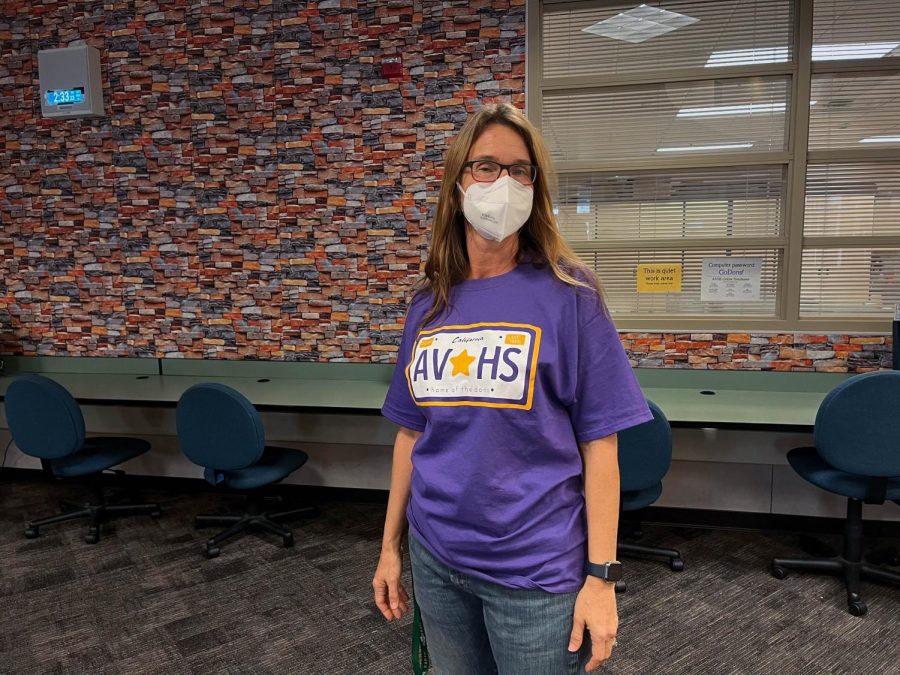 Ms. Kroll, AV librarian, wears Amador spirit wear for Don Deckout Day.