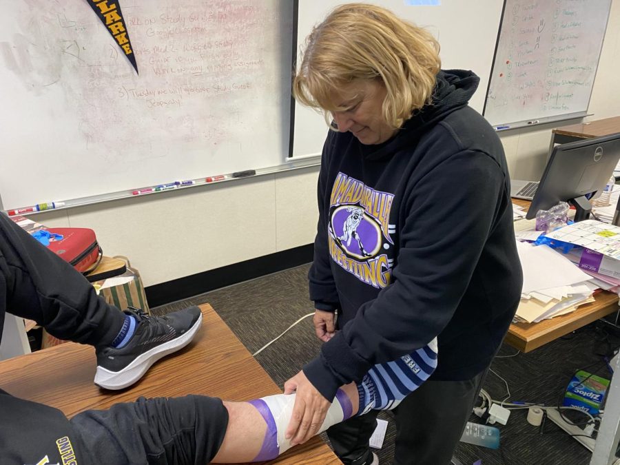Athletic trainer Diana Hasenpflug tapes up a track athlete’s shin and evaluates for a further shin splint.