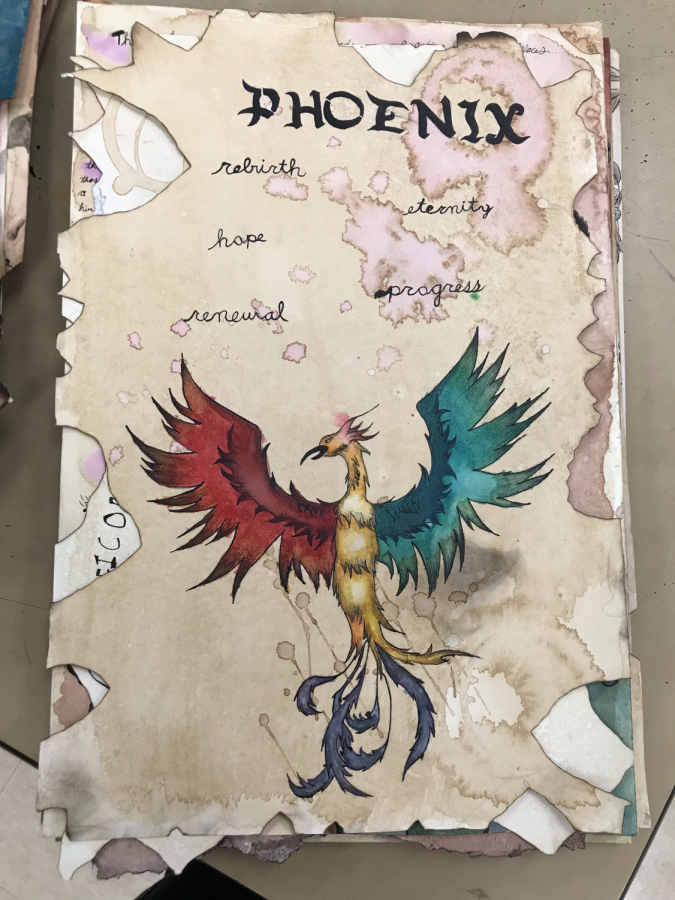 Evelyn McLaughlin ('23) drew a colorful phoenix.