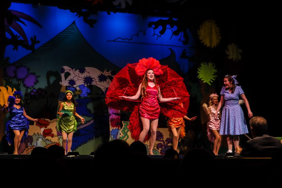 Mayzie La Bird, Horton's other bird neighbor, shows off her wonderful feathers, much to the amazement of the audience and Gertrude herself.