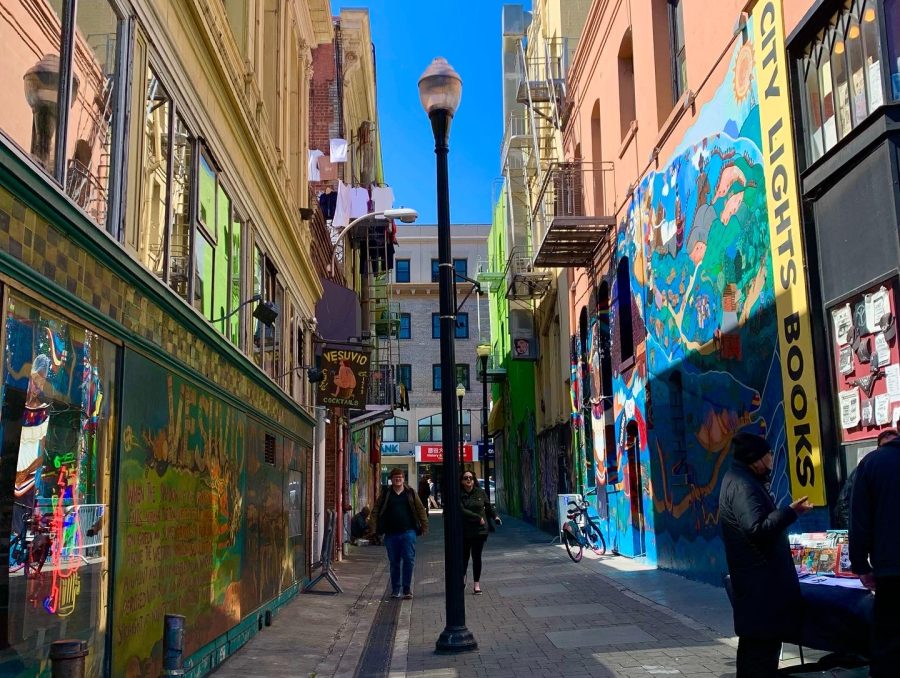 The walls of City Lights Booksellers & Publishers display countercultural themed graffiti.