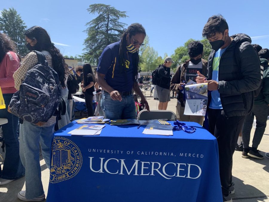 Students+were+able+to+learn+more+about+what+UC+Merced+has+to+offer+by+looking+at+pamphlets+and+speaking+with+a+college+representative+from+the+school.