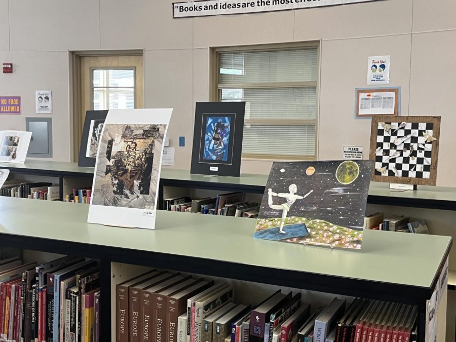 The art gallery in the library exhibits the artwork and paintings created by students of AP Art.