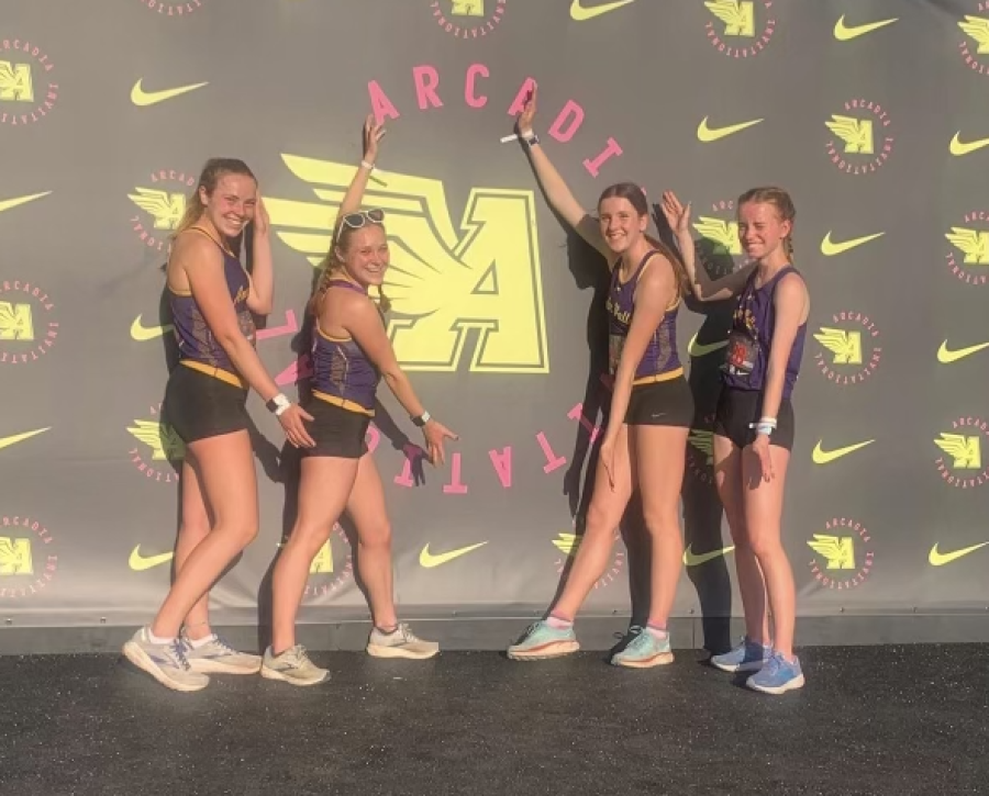 After their race, the girls (from left to right: Tessa Jennings (‘24), Dahlia Versteeg (‘23), Ella McCarthy (‘22), and Taya Small (‘22)) posed with the famous Arcadia logo. 
