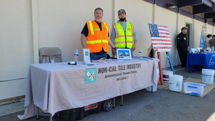 Before the fair officially began, professionals Mark Ansell and Omar Gutierrez were ready at their booth to promote apprenticeships with the Nor-Cal Tile Industry Training Center