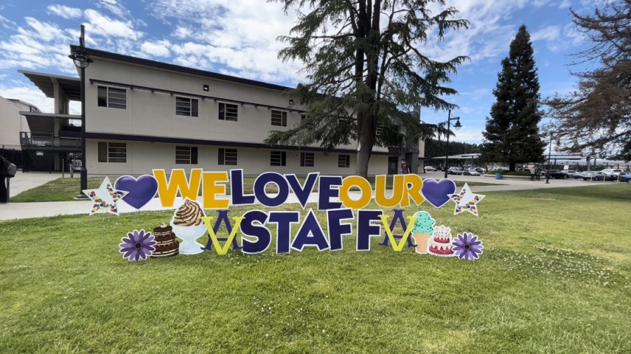 A positive message is creatively displayed on the front lawn to express appreciation for staff at Amador.