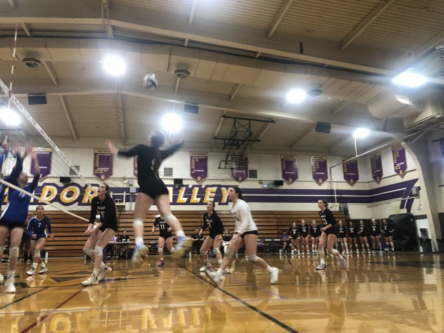 Outside Hitter Zoe Allison (24’), goes up to hit while her teammates cover below.