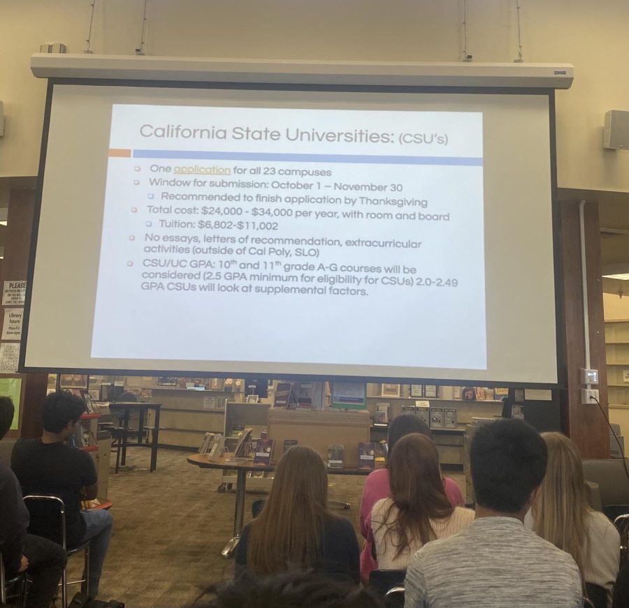 Seniors gathered in the library to watch the counselors present through the projector screen.