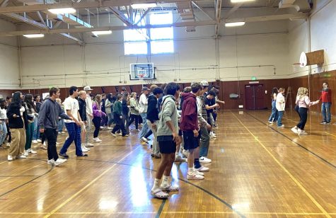 Juniors pack the small gym to learn from the choreographers in the front.