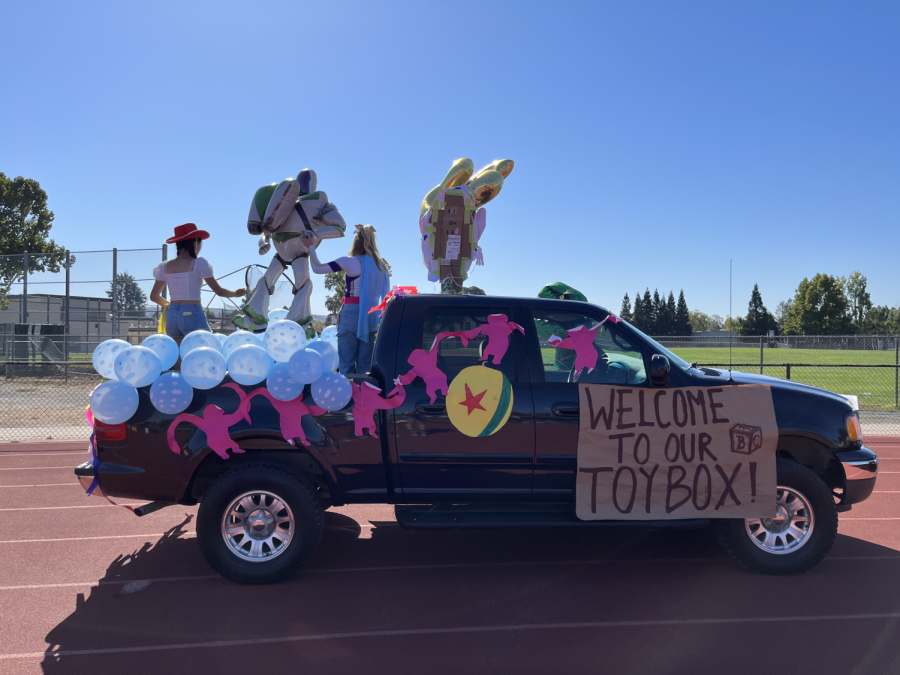 The junior class Toy Story float receiving its final touches before it’s paraded