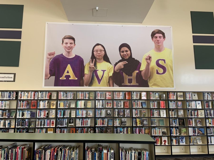 Amador+Valley+students+show+their+school+pride+and+pose+in+one+of+the+many+student+posters+in+the+library%0A