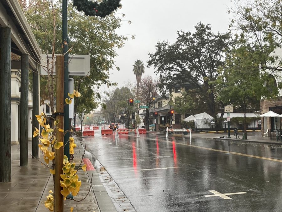 The roads were barricaded in order to keep cars from wrecking the holiday decor throughout the streets.