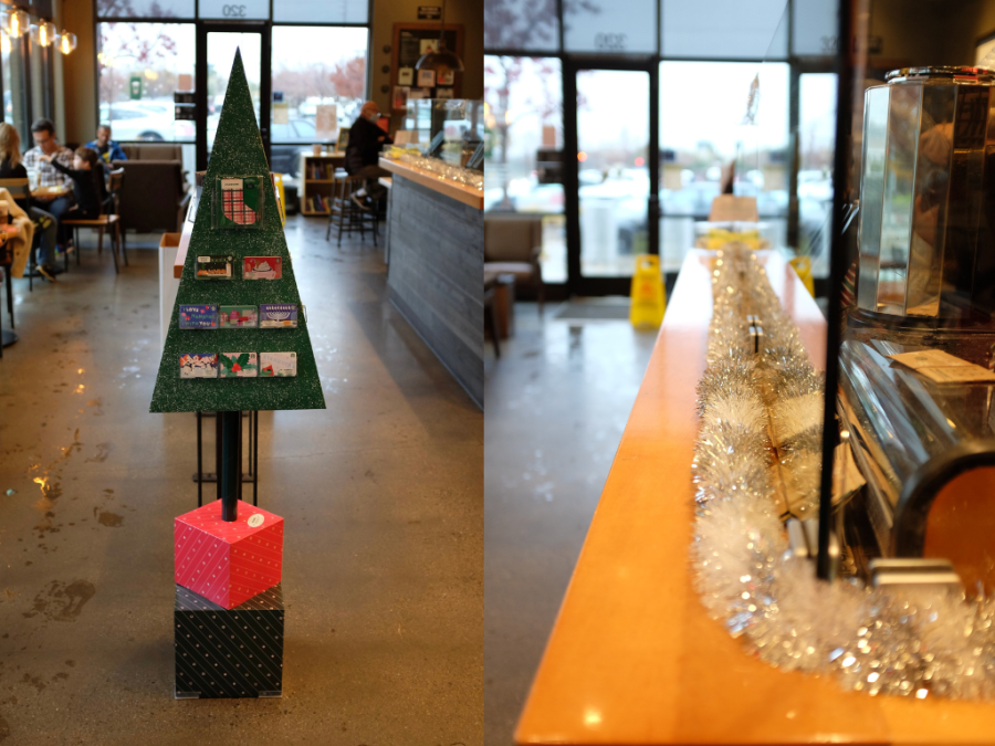 Left: Starbucks has started a toy drive to welcome the holiday season. Right: Supervisors and baristas became creative with store decorations.