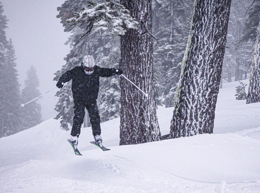 Roy Kim (23) hits a jump during his ski trip in Tahoe.