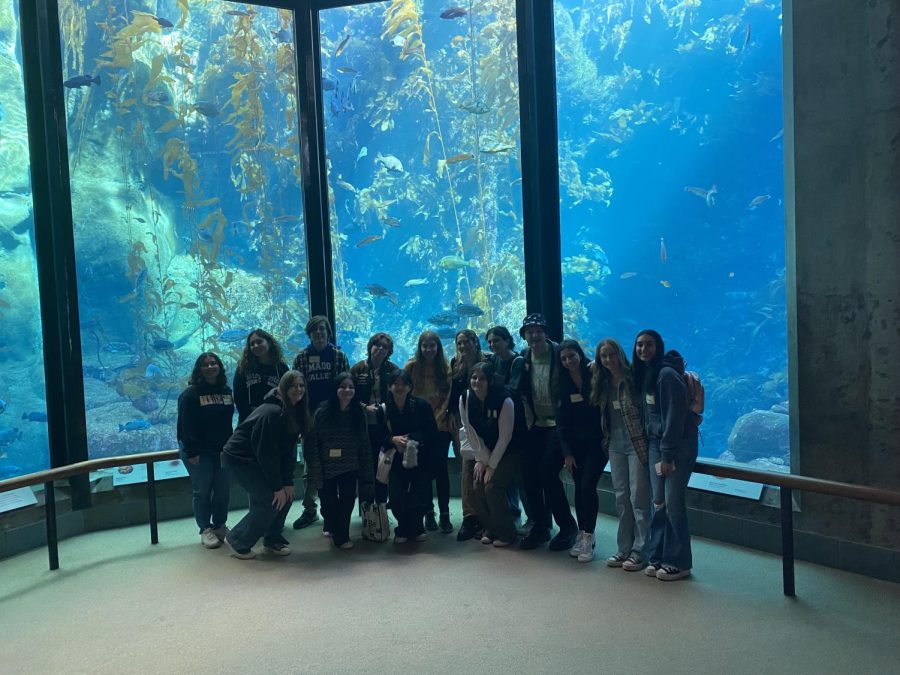 The zoology students pose in front of the large aquarium tanks.