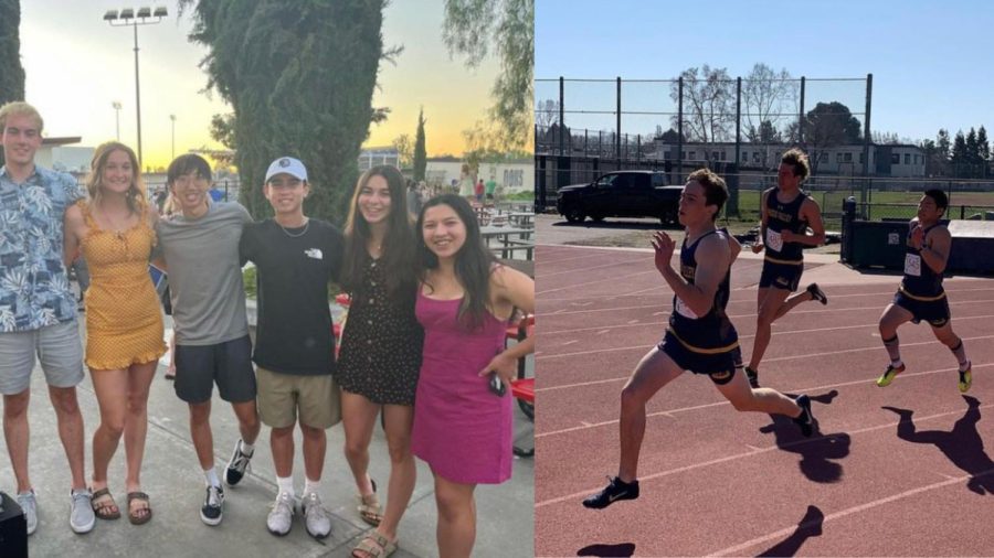 Left: Last season’s hurdles team poses for a photo during the track and field banquet. Right: Evan Lucero (left) leads the hurdlers on a run during the practice session.