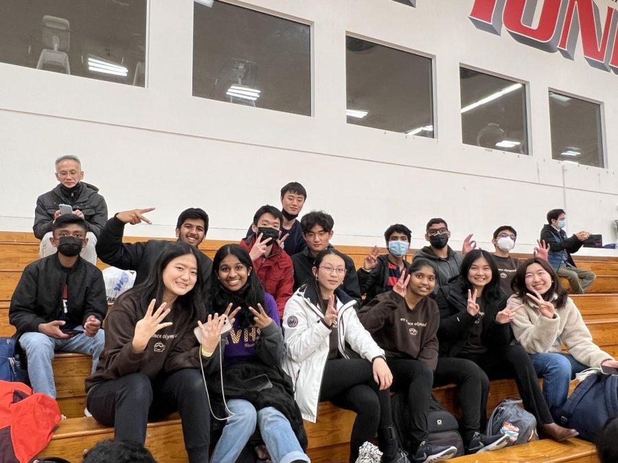 The AV Science Olympiad Team poses on the bleachers as they wait for the awards ceremony to announce the final placements.